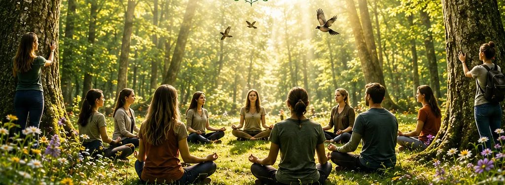 Groupe assis en cercle dans une clairière de forêt