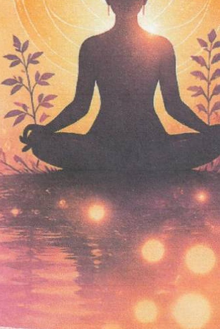 Silhouette en méditation au coucher du soleil, reflétée sur l'eau