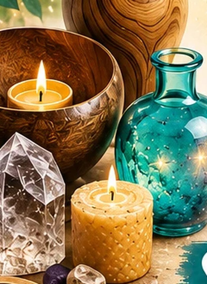 Cristaux de quartz, bol chantant, bougies et flacon de verre